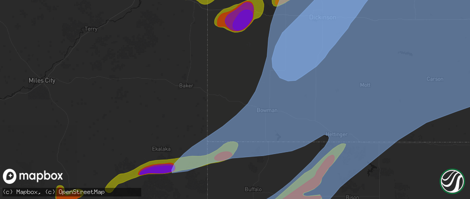 Hail map in Rhame, ND on June 7, 2026