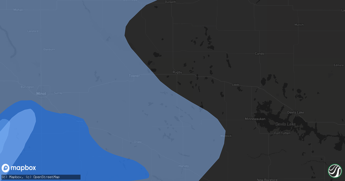 Hail map in Rugby, ND on June 7, 2026