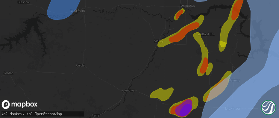 Hail map in Savage, MT on June 7, 2026