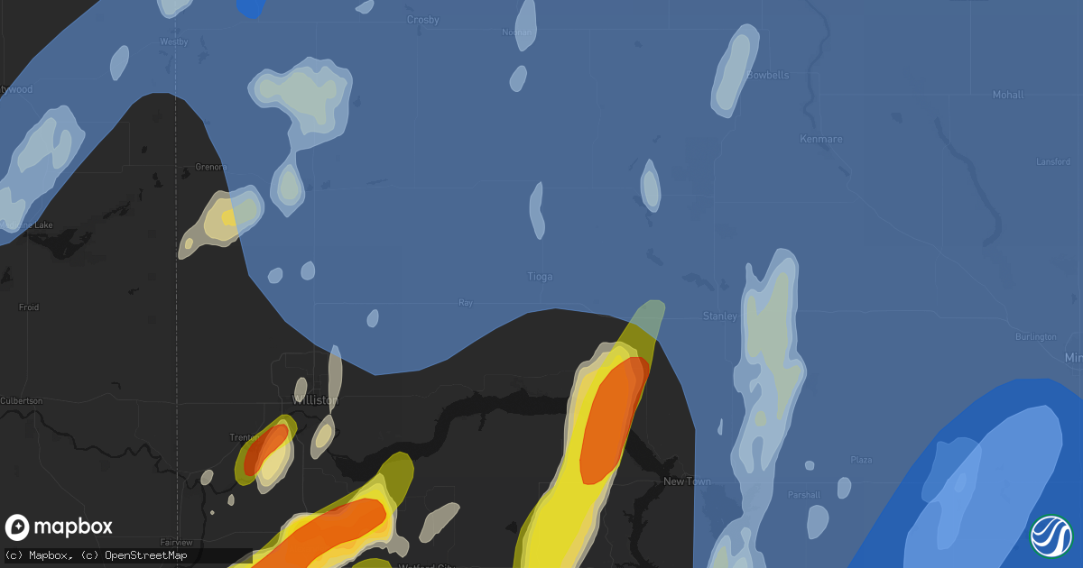 Hail map in Tioga, ND on June 7, 2026