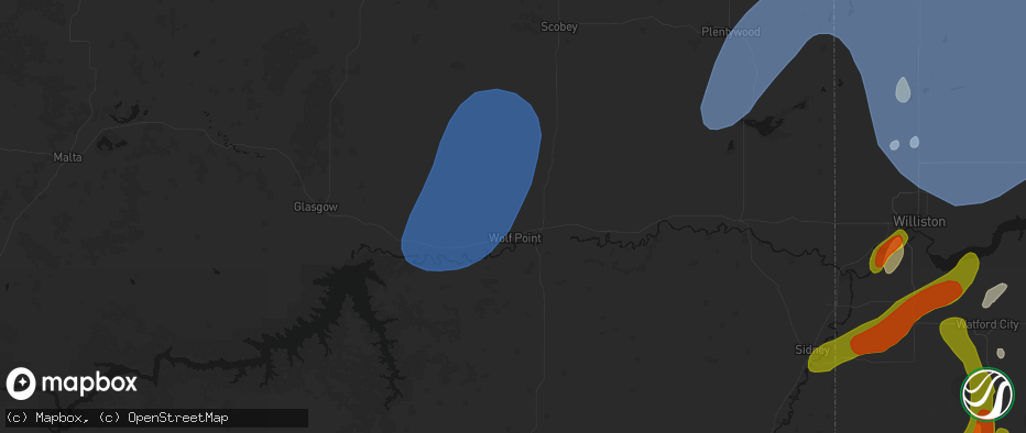 Hail map in Wolf Point, MT on June 7, 2026
