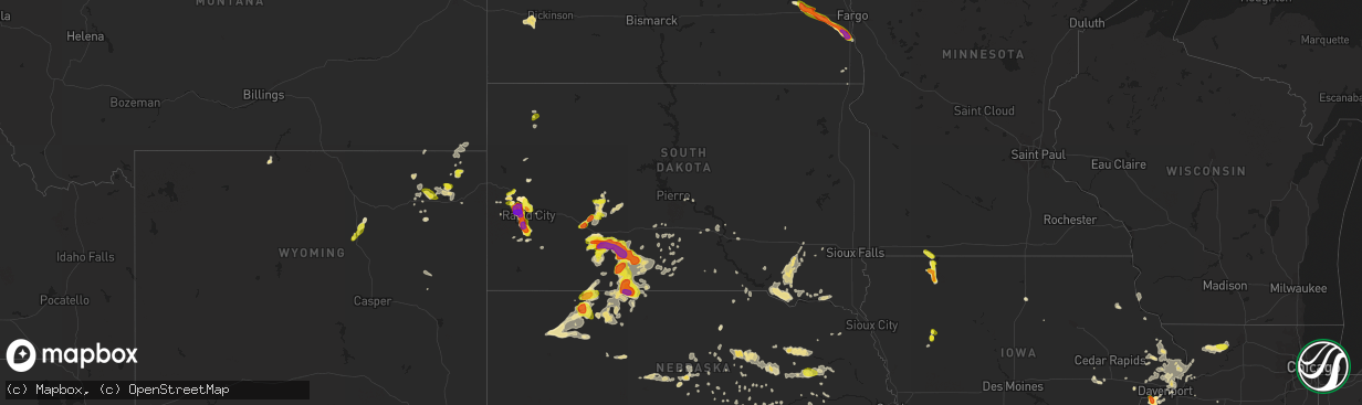 Hail map in South Dakota on June 8, 2018