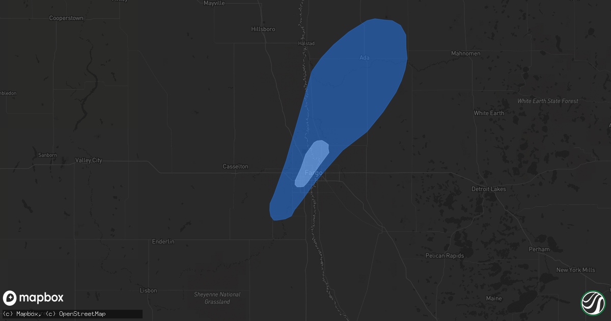 Hail map in Fargo, ND on June 8, 2019