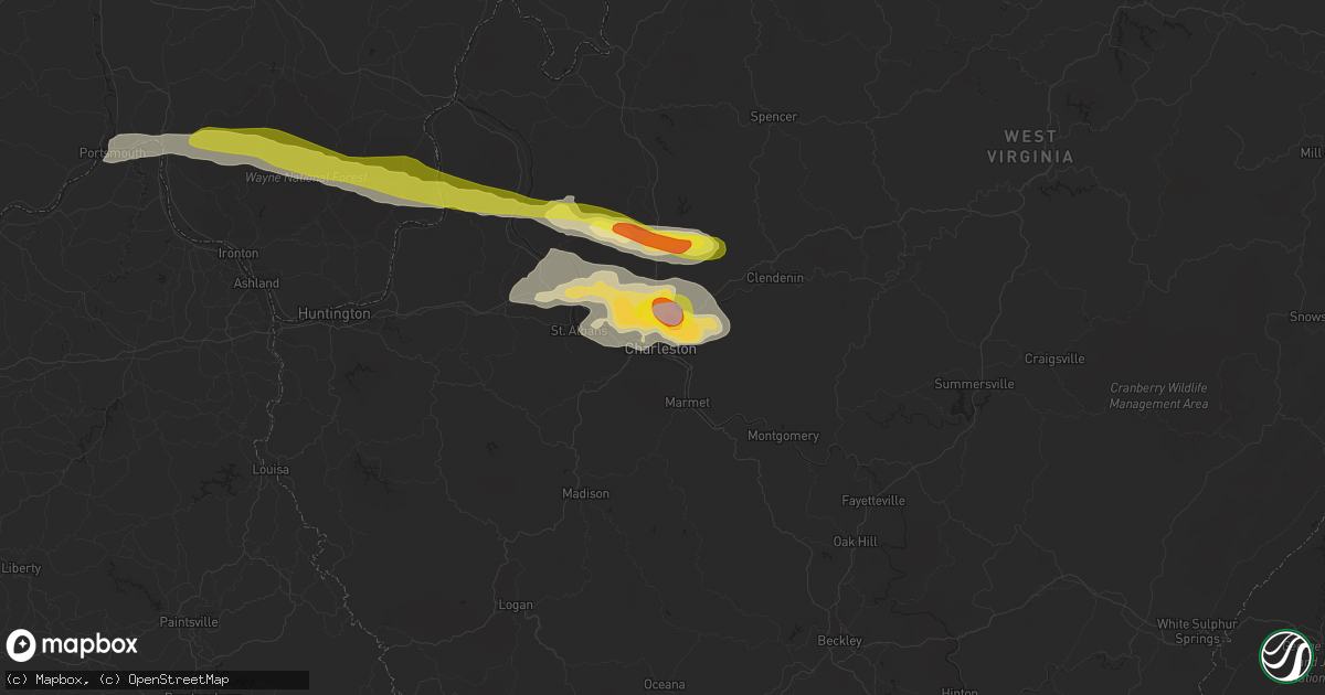 Hail map in Charleston, WV on June 8, 2022