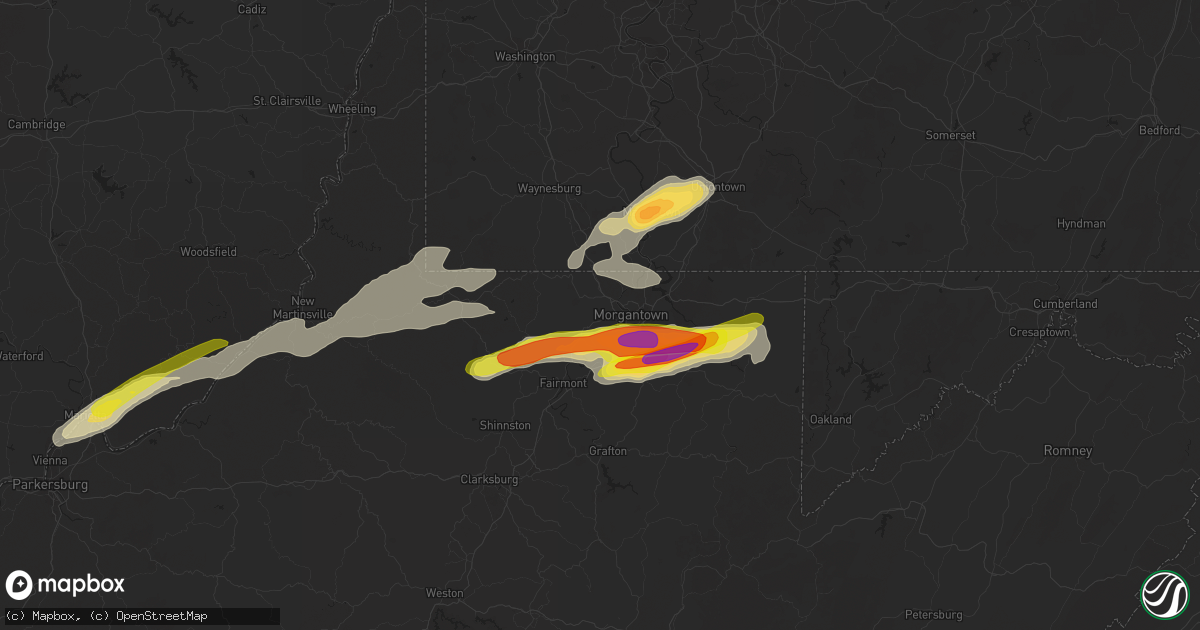 Hail map in Morgantown, WV on June 8, 2022