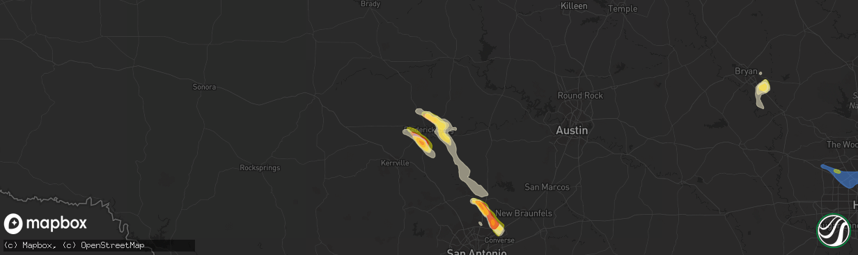 Hail map in Fredericksburg, TX on June 8, 2023