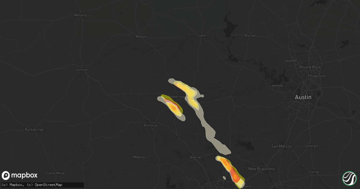 Hail map in Fredericksburg, TX on June 8, 2023