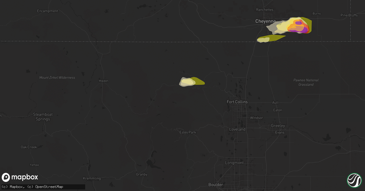 Hail map in Bellvue, CO on June 8, 2024