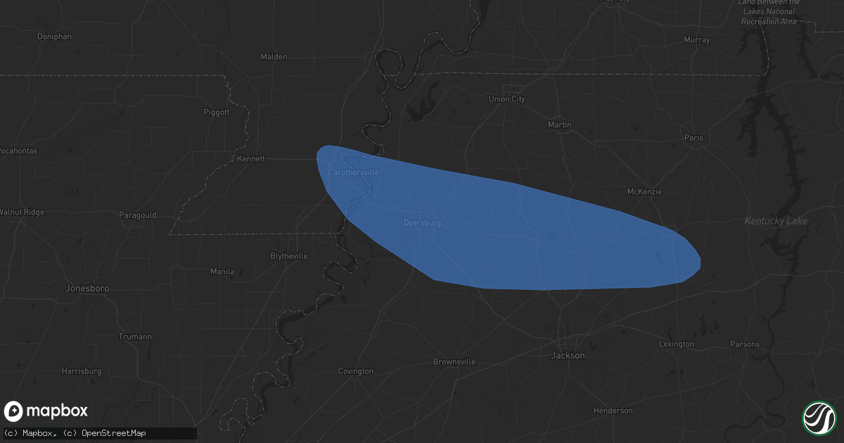 Hail map in Dyersburg, TN on June 8, 2024