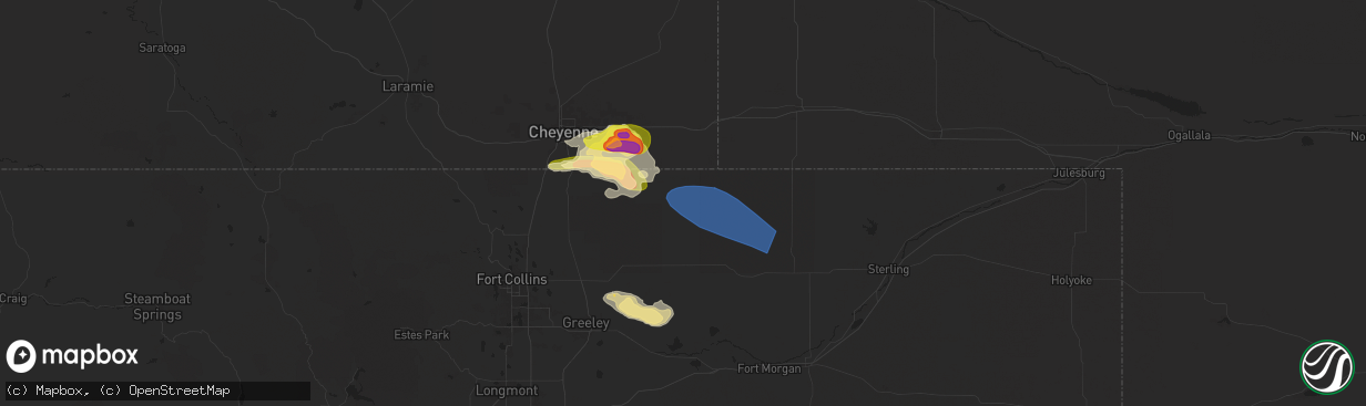 Hail map in Grover, CO on June 8, 2024