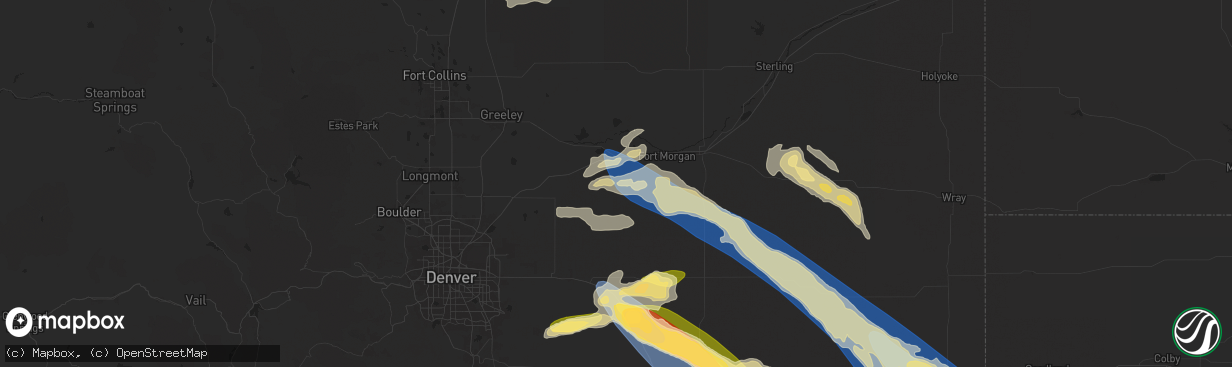 Hail map in Wiggins, CO on June 8, 2024