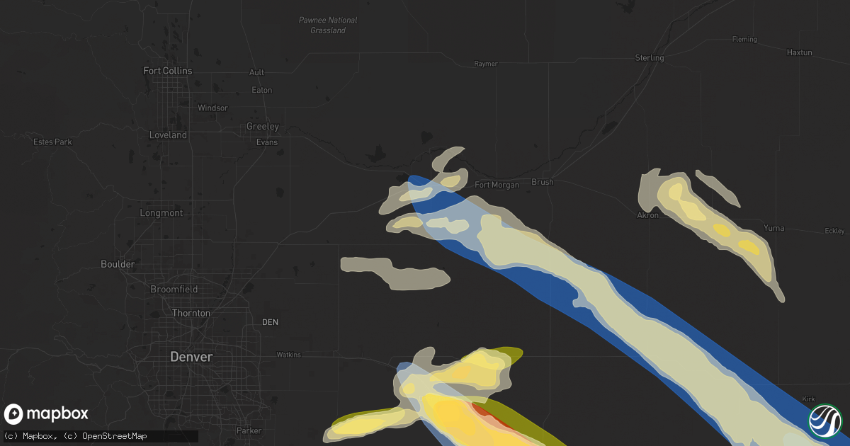 Hail map in Wiggins, CO on June 8, 2024