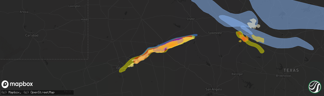 Hail map in Big Spring, TX on June 8, 2025