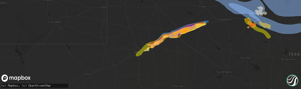 Hail map in Midland, TX on June 8, 2025