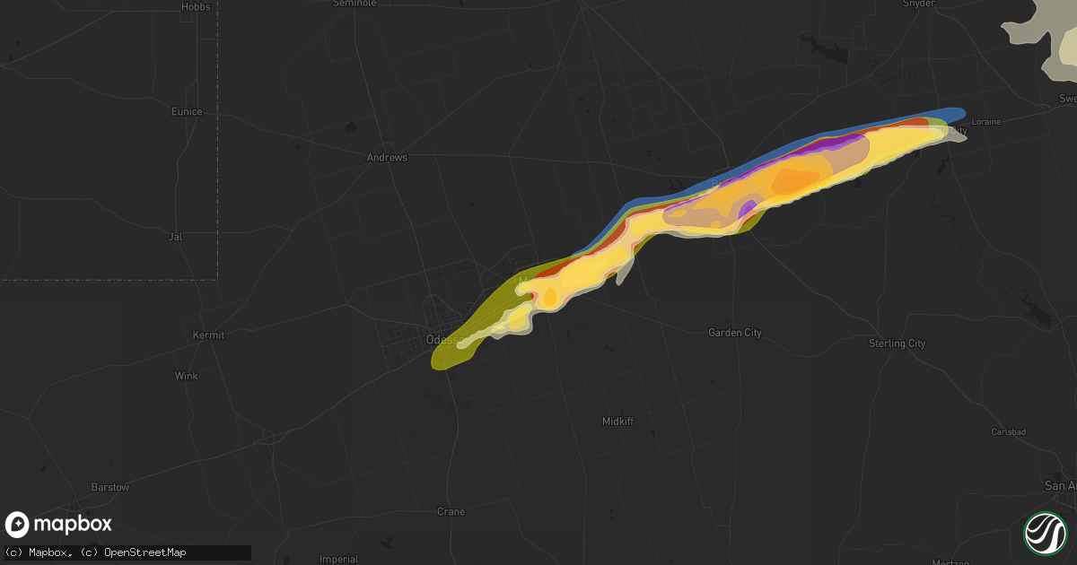 Hail map in Midland, TX on June 8, 2025