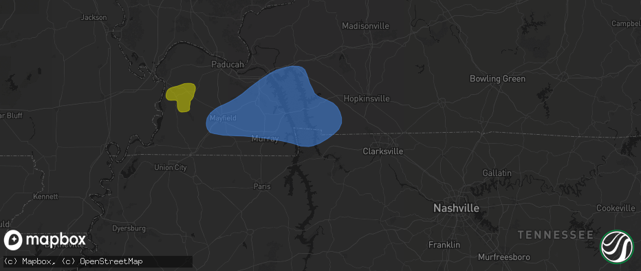 Hail map in Bumpus Mills, TN on June 8, 2026