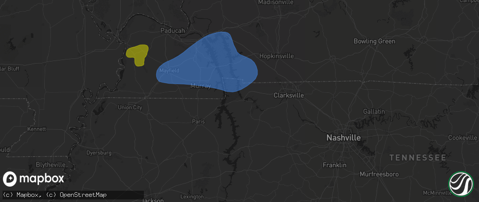 Hail map in Dover, TN on June 8, 2026