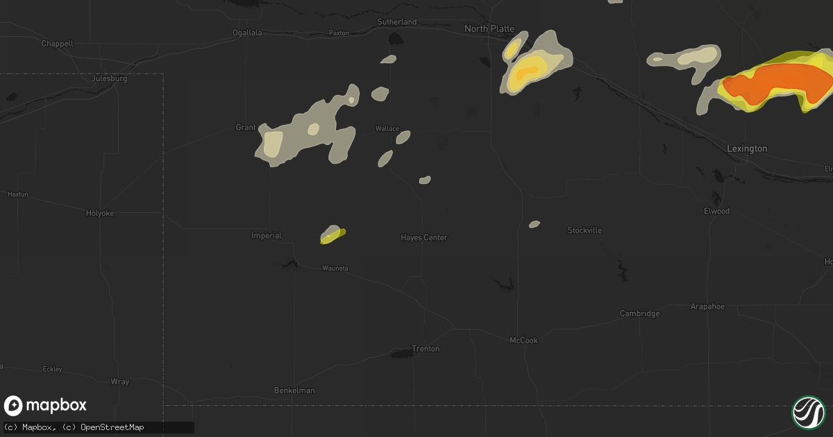 Hail map in Hayes Center, NE on June 8, 2026
