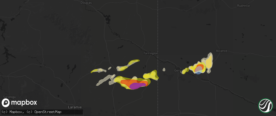 Hail map in Veteran, WY on June 8, 2026