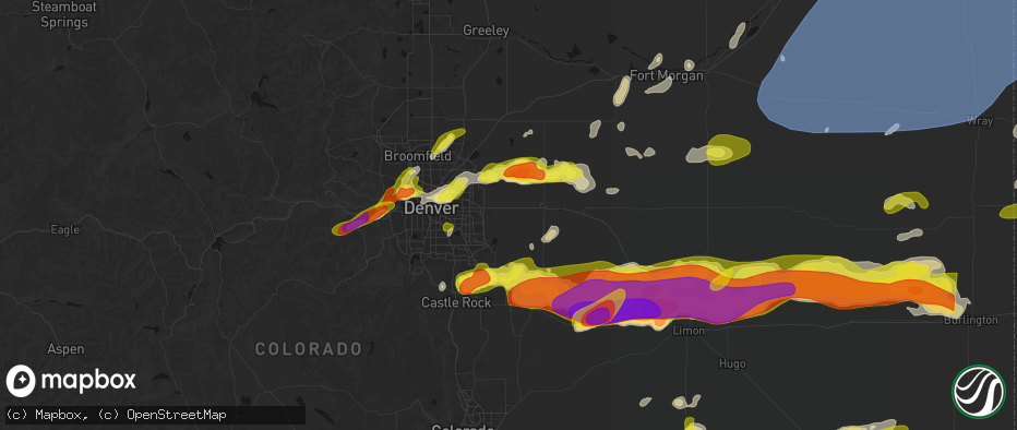 Hail map in Watkins, CO on June 8, 2026
