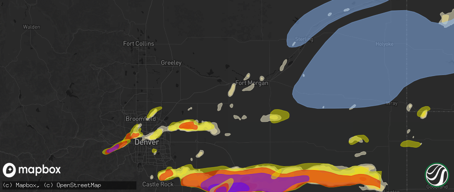 Hail map in Wiggins, CO on June 8, 2026