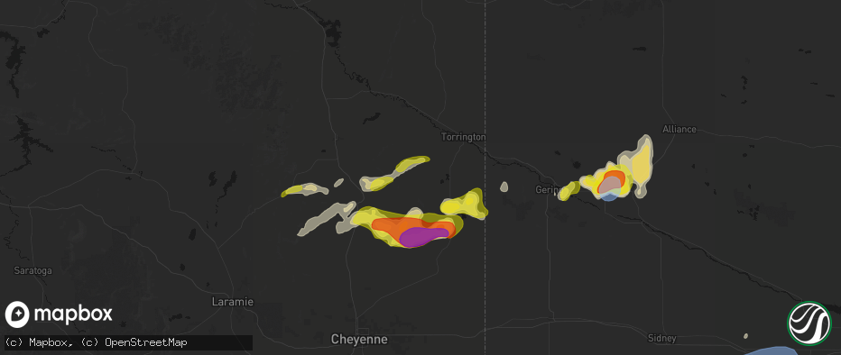 Hail map in Yoder, WY on June 8, 2026