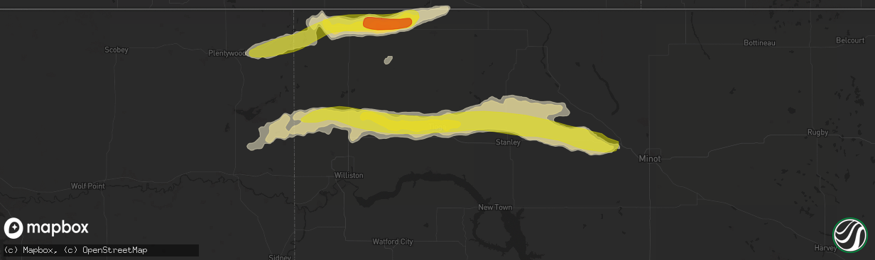 Hail map in Tioga, ND on June 9, 2016