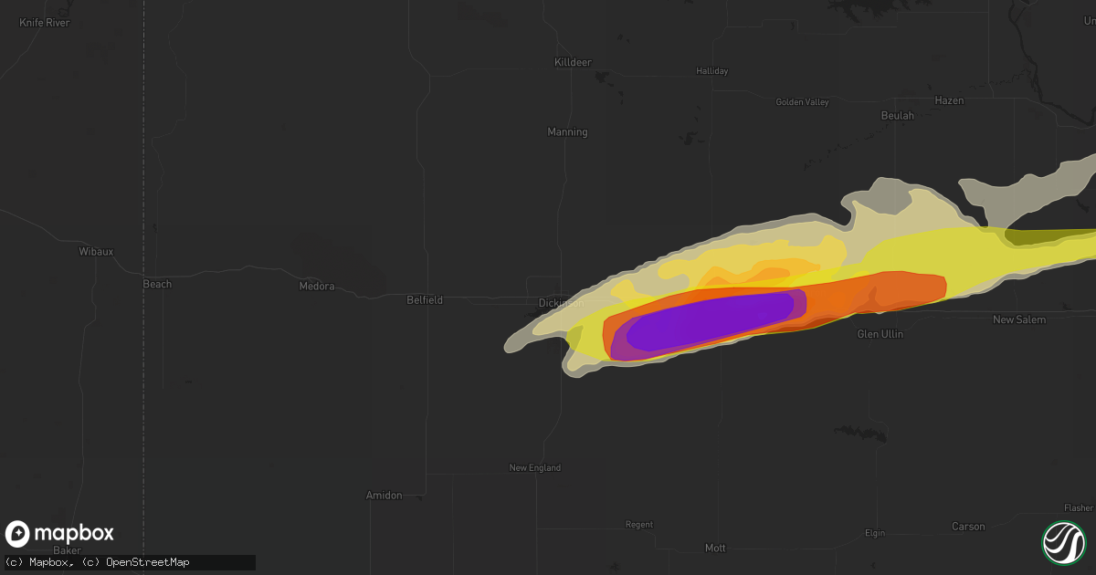 Hail map in Dickinson, ND on June 9, 2017