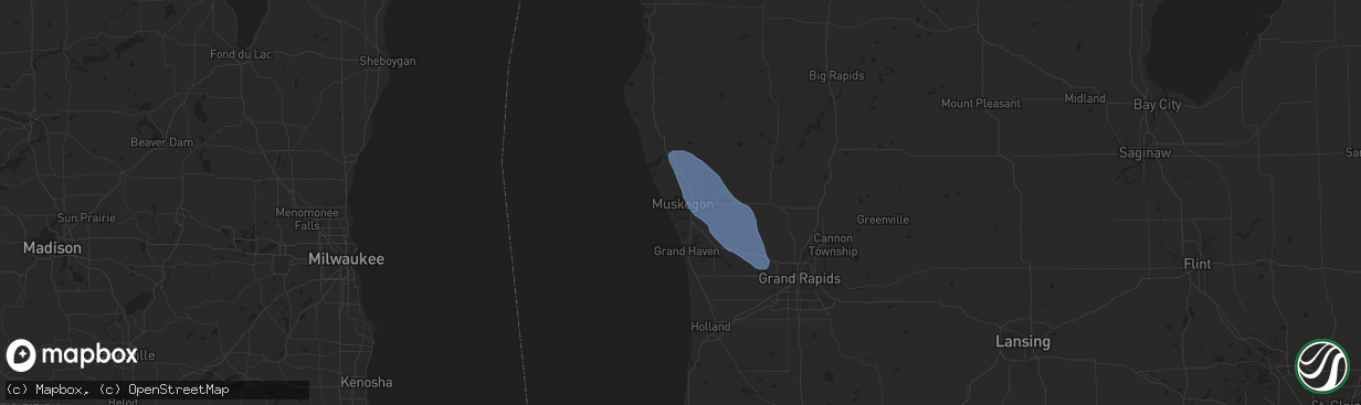 Hail map in Muskegon, MI on June 9, 2020