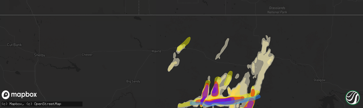 Hail map in Chinook, MT on June 9, 2021