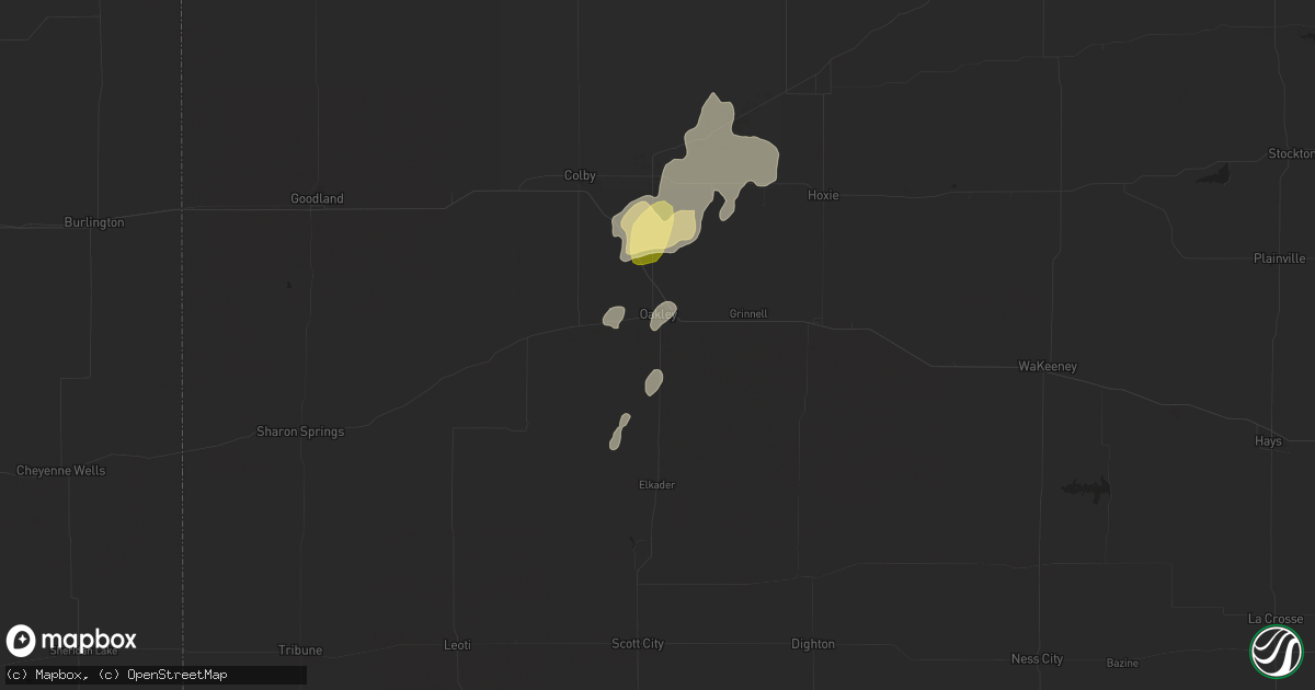 Hail map in Oakley, KS on June 9, 2023