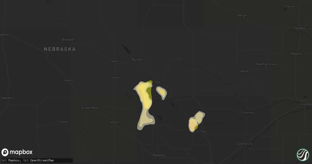 Hail map in Ord, NE on June 9, 2023