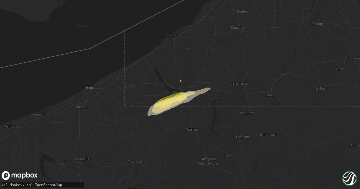 Hail map in Jamestown, NY on June 9, 2025