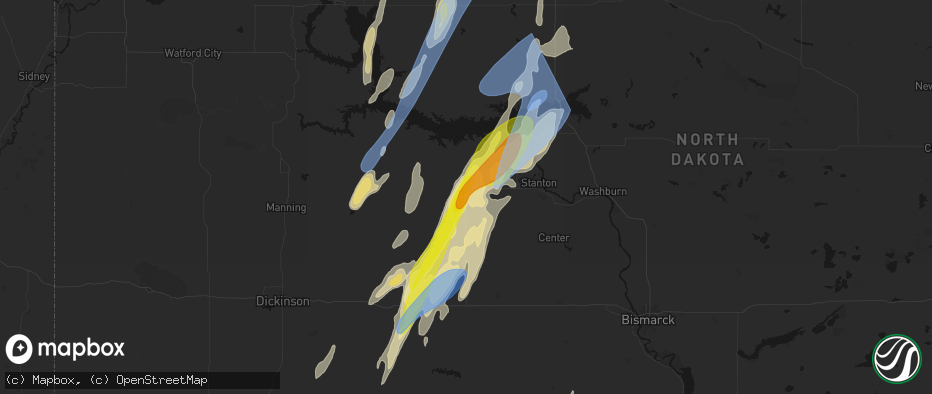 Hail map in Beulah, ND on June 9, 2026