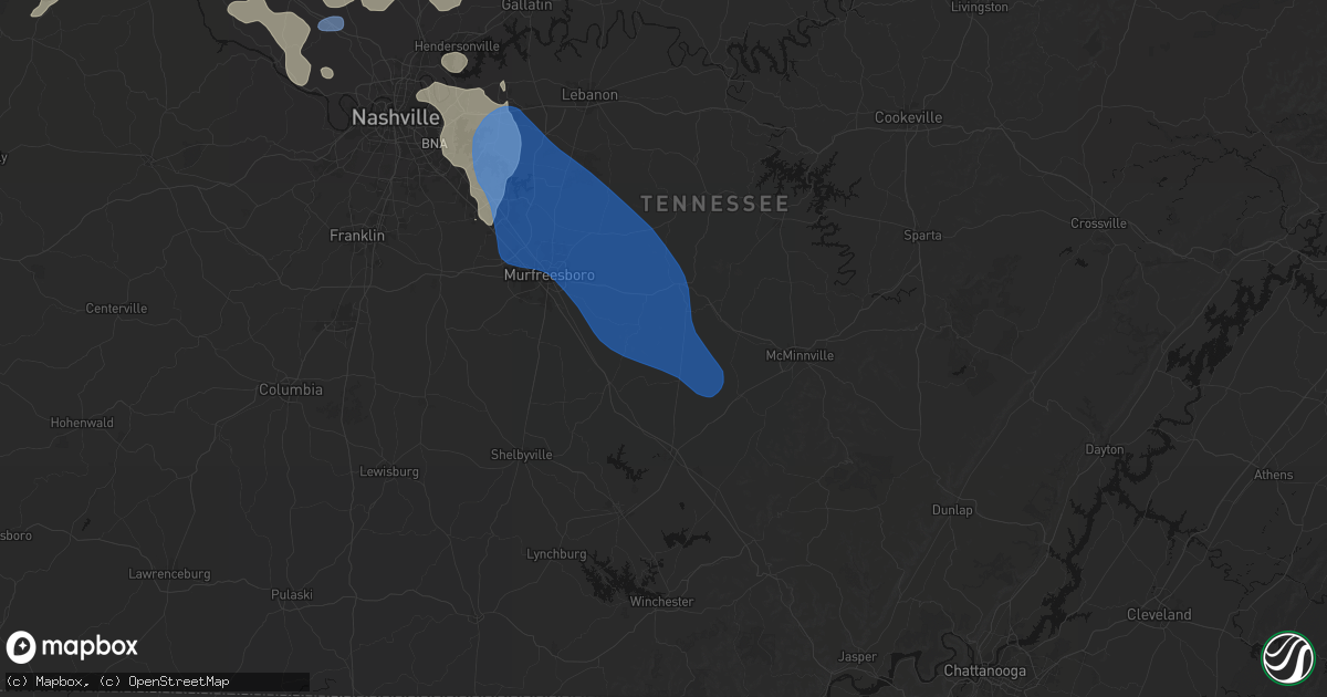 Hail map in Bradyville, TN on June 9, 2026