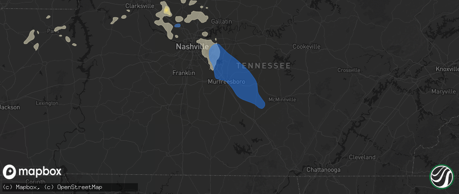 Hail map in Christiana, TN on June 9, 2026