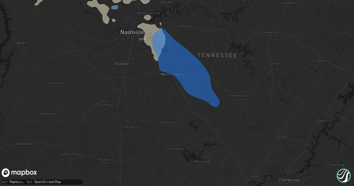 Hail map in Christiana, TN on June 9, 2026