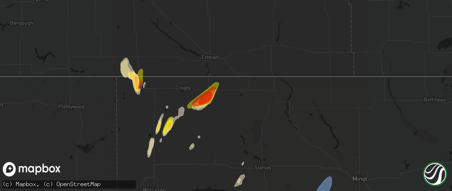 Hail map in Columbus, ND on June 9, 2026