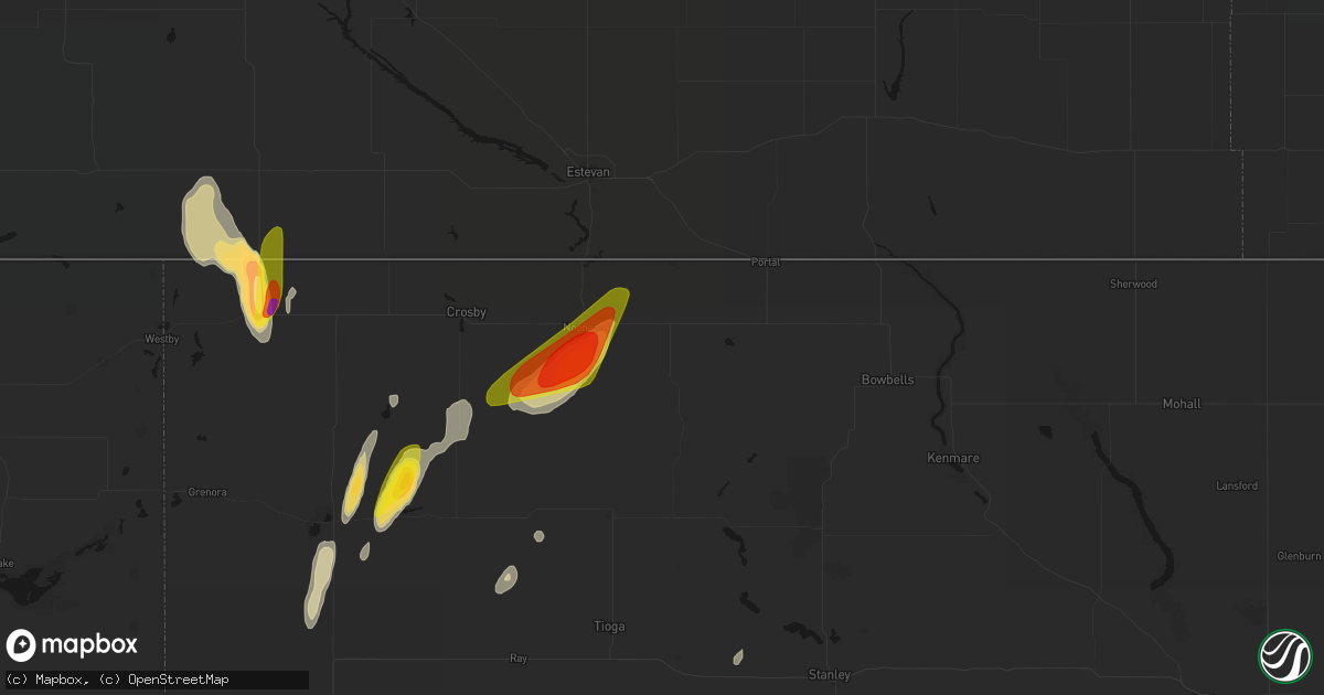 Hail map in Columbus, ND on June 9, 2026