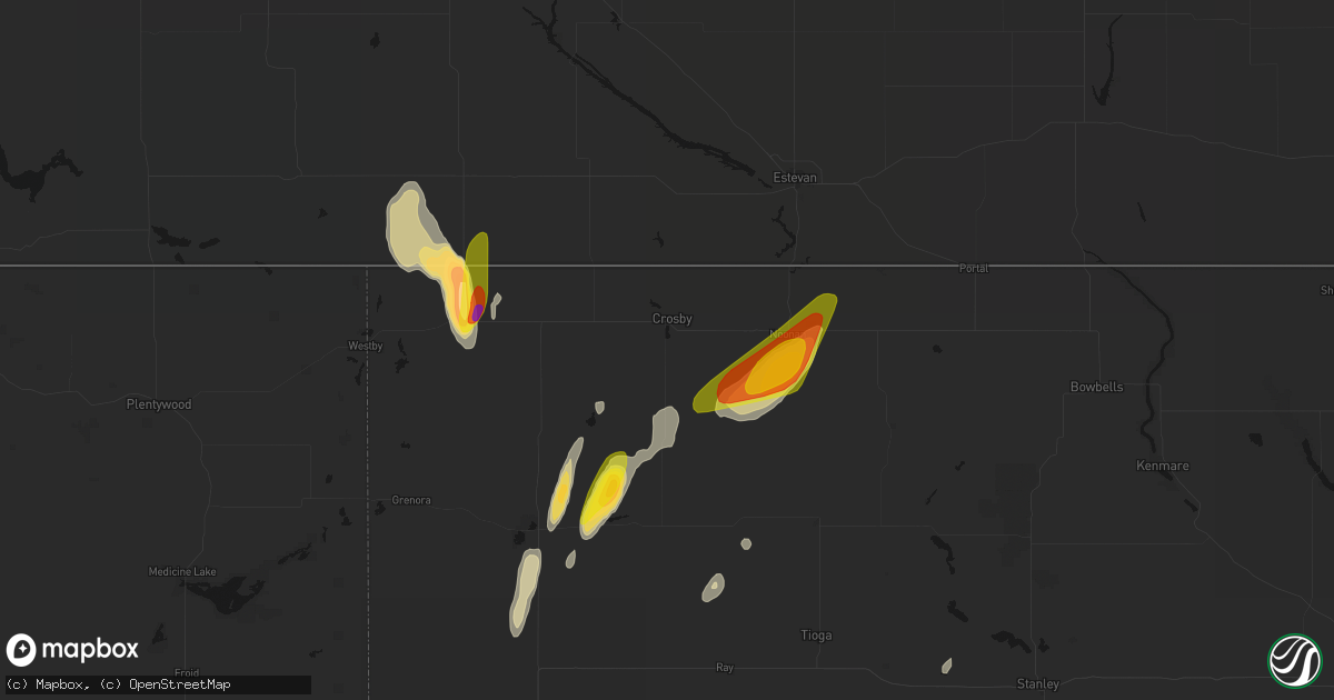 Hail map in Crosby, ND on June 9, 2026