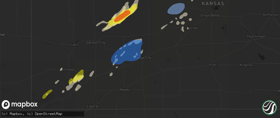 Hail map in Dodge City, KS on June 9, 2026