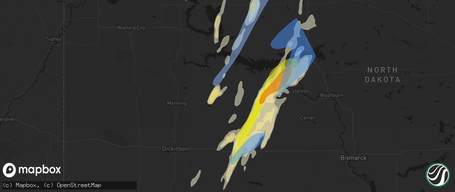Hail map in Dodge, ND on June 9, 2026