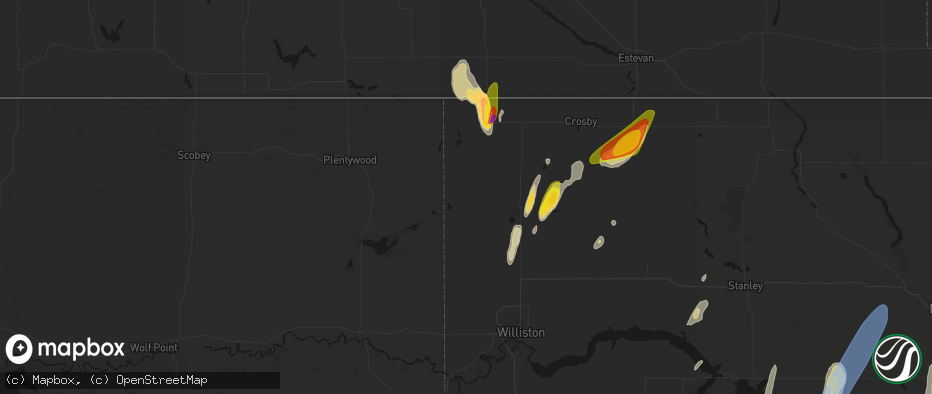 Hail map in Grenora, ND on June 9, 2026