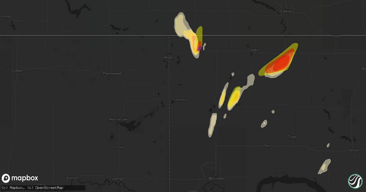 Hail map in Grenora, ND on June 9, 2026