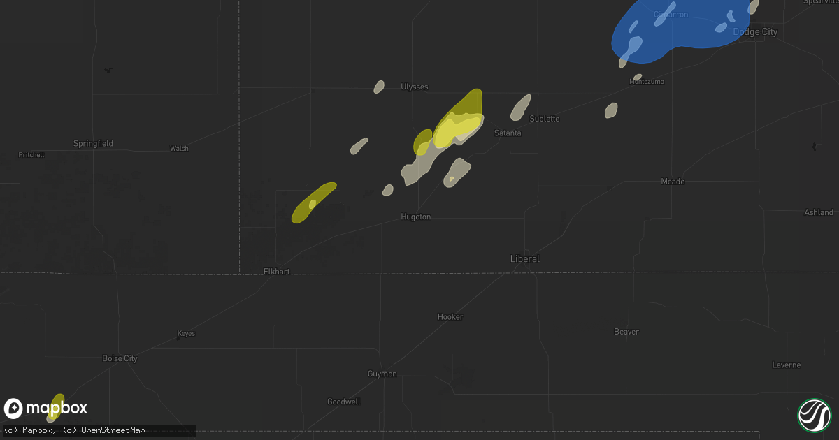 Hail map in Hugoton, KS on June 9, 2026