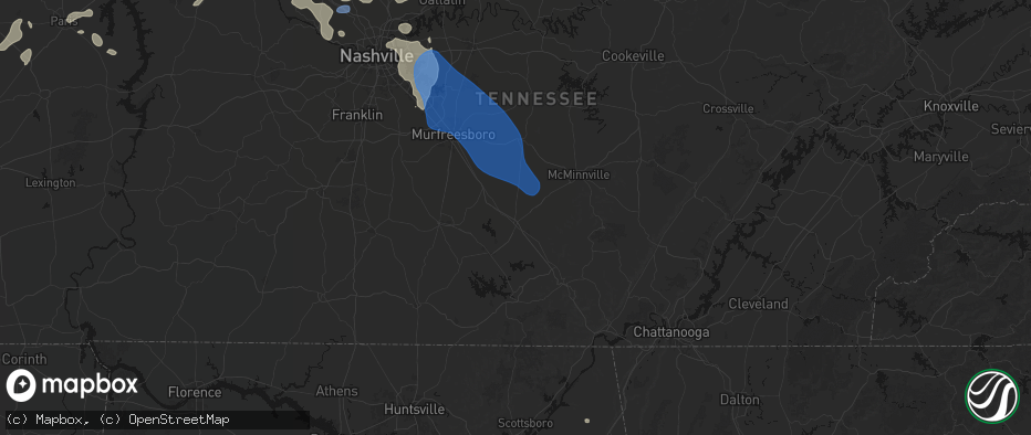 Hail map in Manchester, TN on June 9, 2026