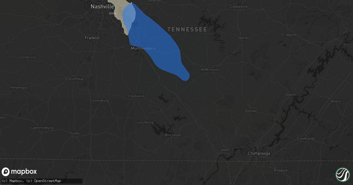 Hail map in Manchester, TN on June 9, 2026