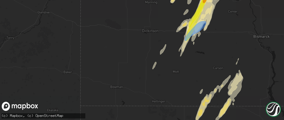 Hail map in New England, ND on June 9, 2026