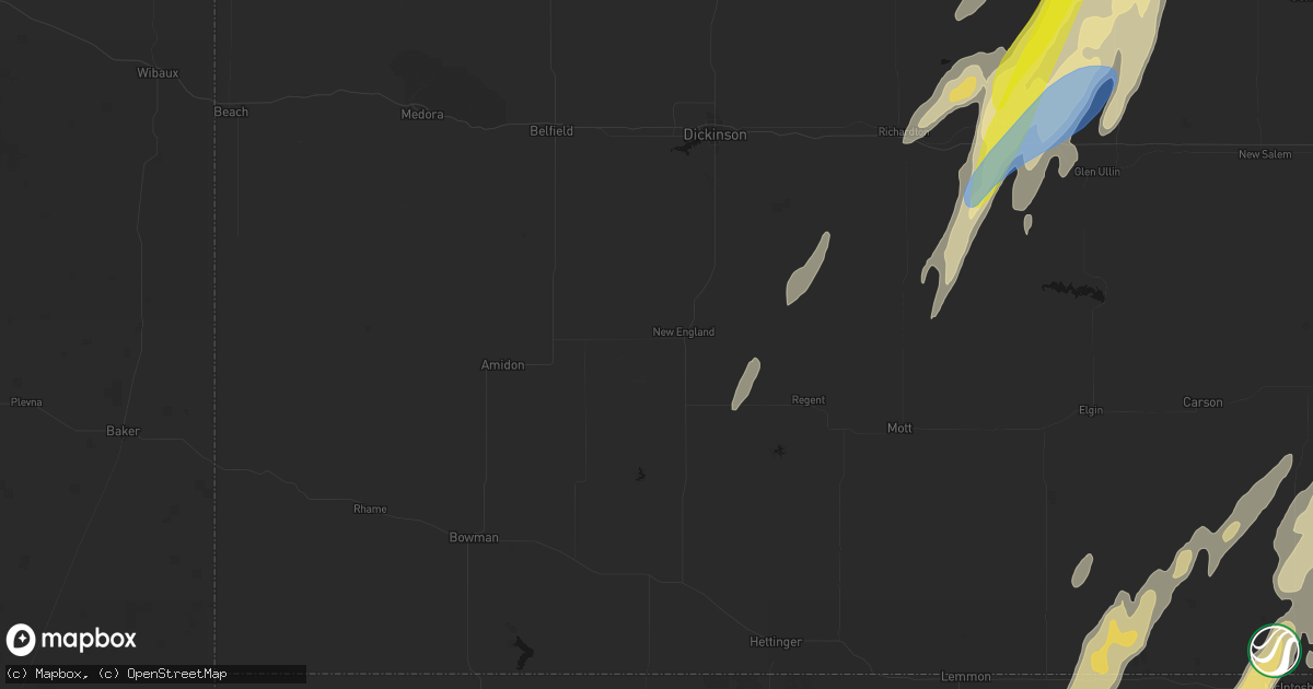 Hail map in New England, ND on June 9, 2026
