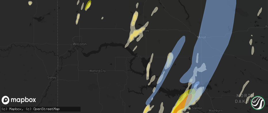 Hail map in New Town, ND on June 9, 2026